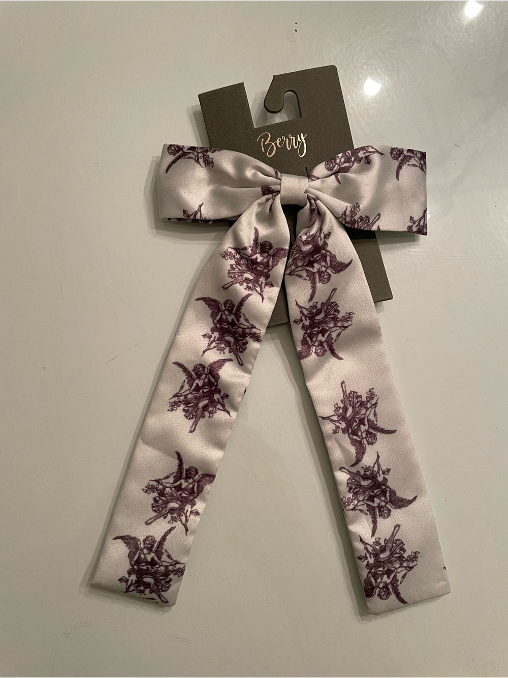 Berry Satin Ivory Bow Hair Clip with Plum Print